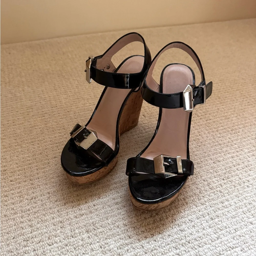 Stuart Weitzman Cork Patent Leather Platform Wedges - Picture 4 of 7